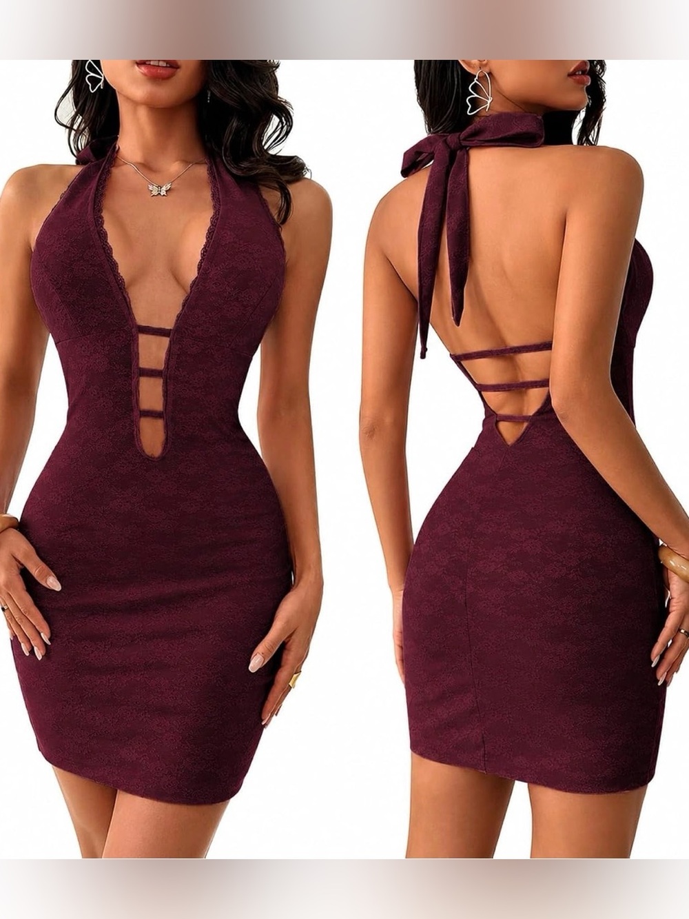 Halter Lace-Trim Bodycon Dress in Burgundy